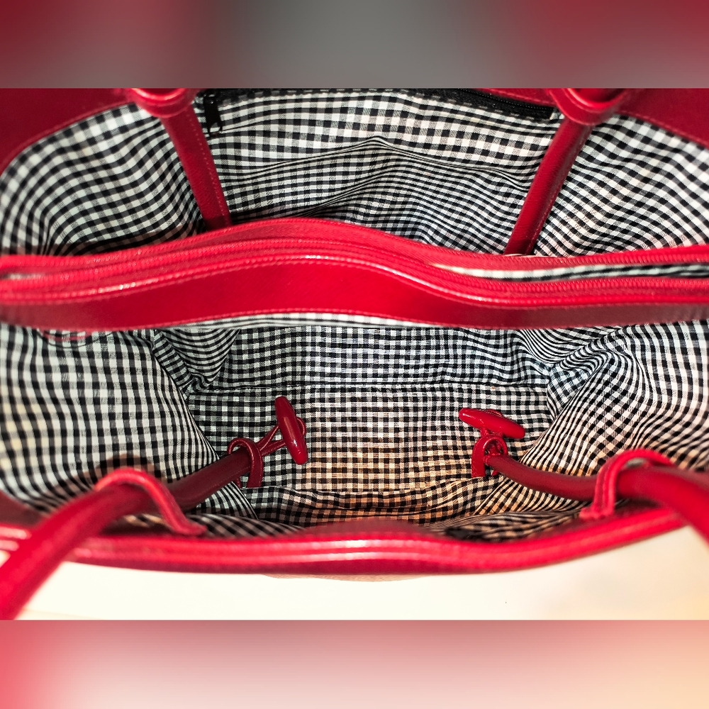 Red Vegan Leather Tote with Gingham Lining + Matching Makeup Bag - Picture 6 of 8
